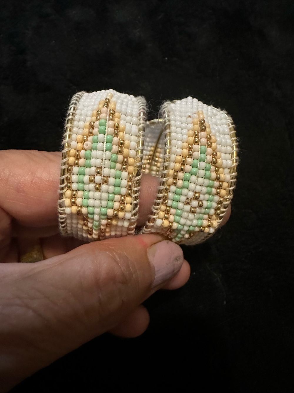 Handcrafted Beaded Hoop Earrings in White, Gold & Blue